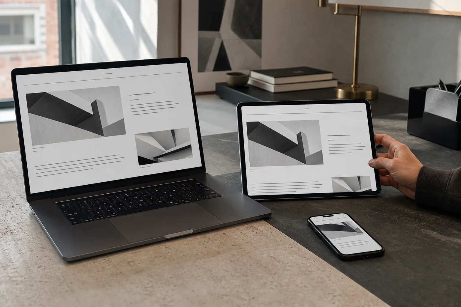 A responsive interface system displayed across a laptop, tablet, and phone